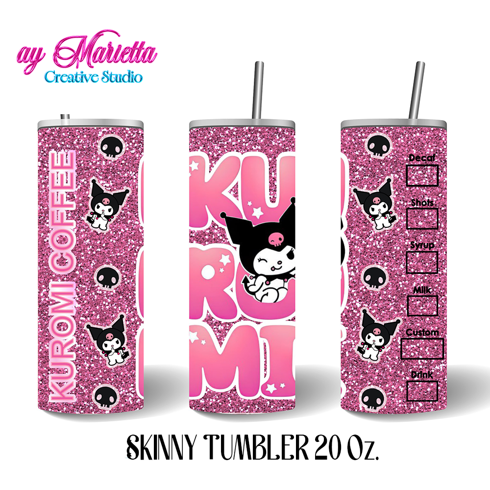 Kuromi Pink Glitter Coffee Tumbler – 20 oz Skinny