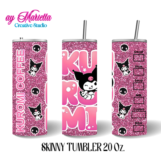 Kuromi Pink Glitter Coffee Tumbler – 20 oz Skinny